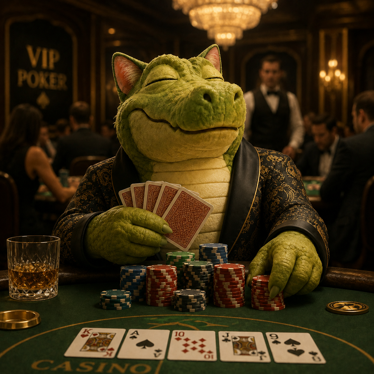 CROCATE holding playing cards at a VIP poker table