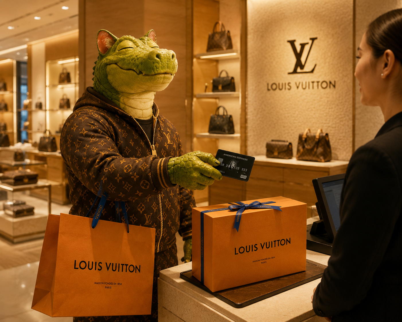 CROCATE shopping in a luxury boutique holding a card and bags