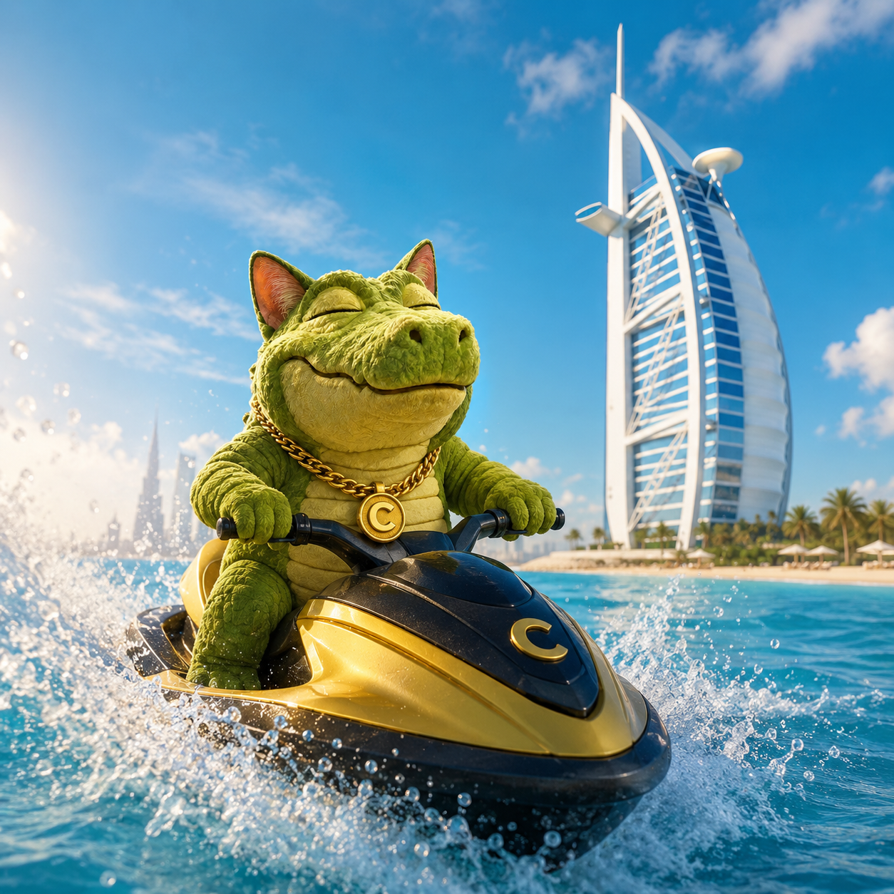 CROCATE riding a jet ski across bright blue water