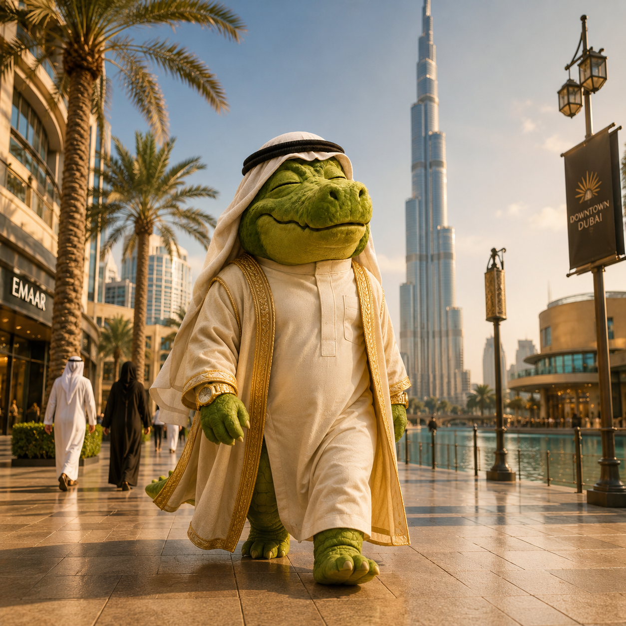 CROCATE walking a sunlit city promenade in flowing white robes