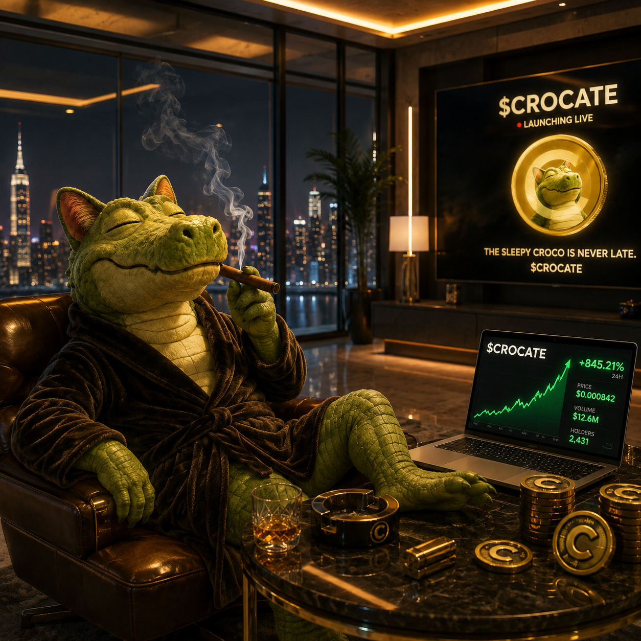 CROCATE lounging in a robe in a penthouse lit by neon signage