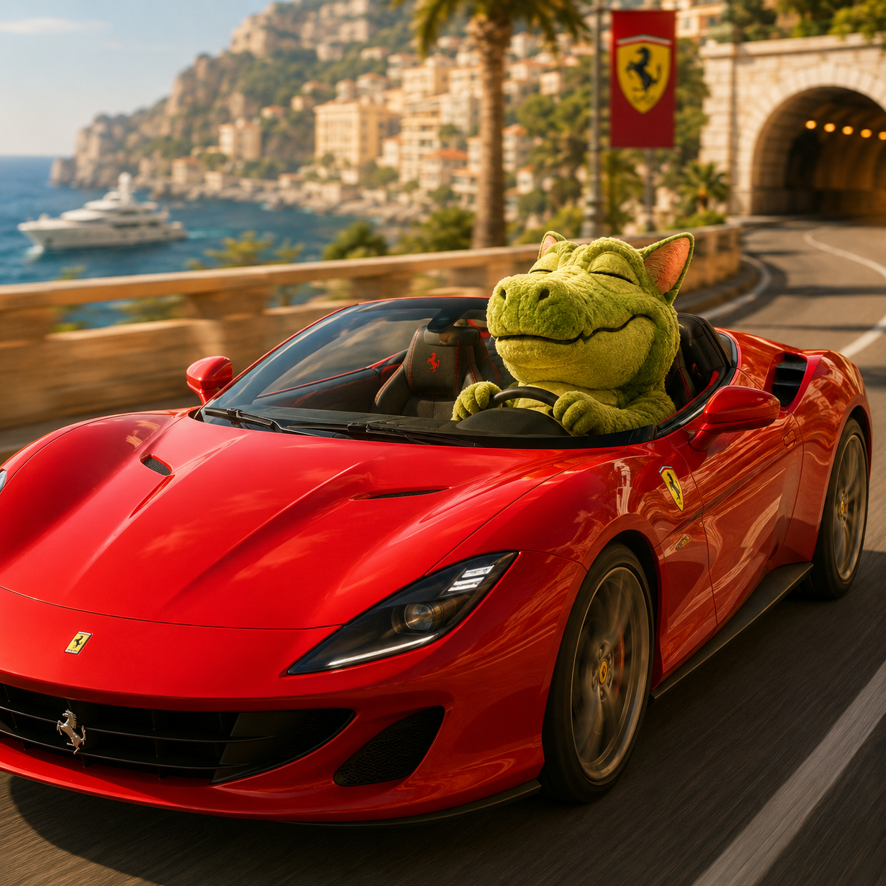 CROCATE driving a red convertible along a coastal road